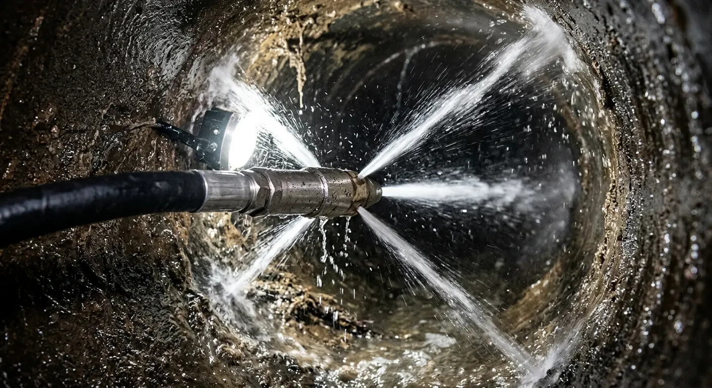 High-pressure hydro jetting nozzle cleaning sewer pipe for Trenchless Sewer Repair in Batesville