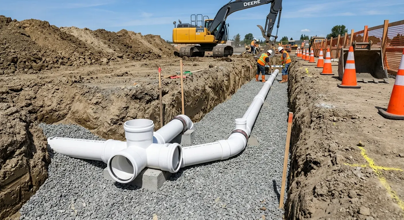 New PVC sewer pipe installation in open trench for Sewer Backup in Batesville