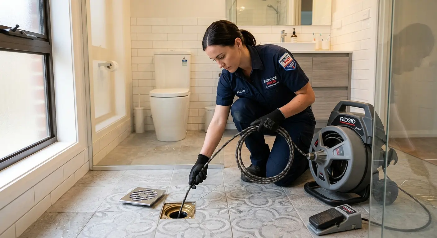 Technician clearing a bathroom floor drain for Drain Cleaning in Batesville